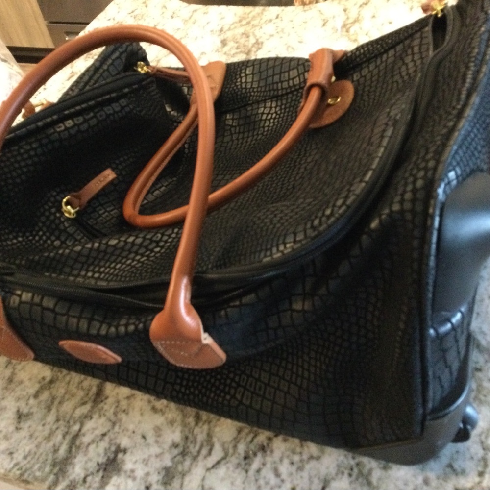 Bric's Black Croc-Embossed Travel Bag with Tan Leather Handles